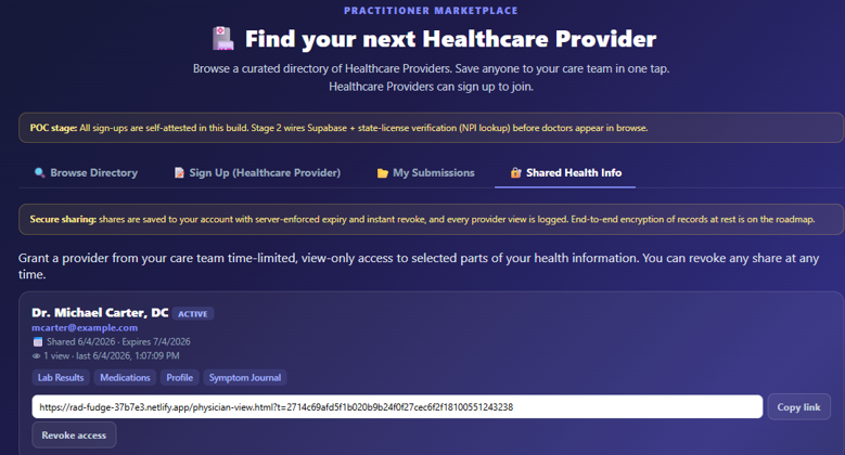 Shared Health Info tab